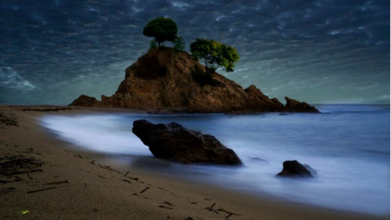 Rocky Island with Trees — Blue, Dramatic, Night
