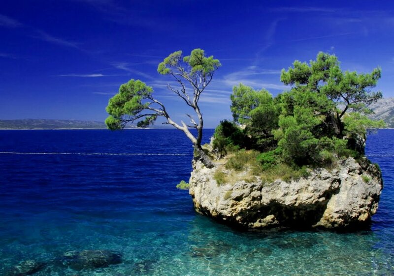 Rocky Island with Trees — Blue, Serene, Afternoon