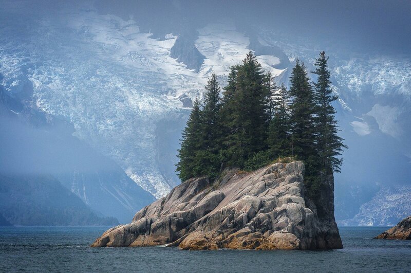 Rocky Island with Trees — Blue, Serene, Photograph