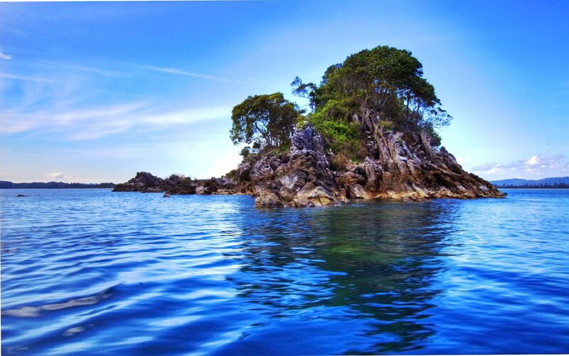 Rocky Island with Trees — Blue, Serene