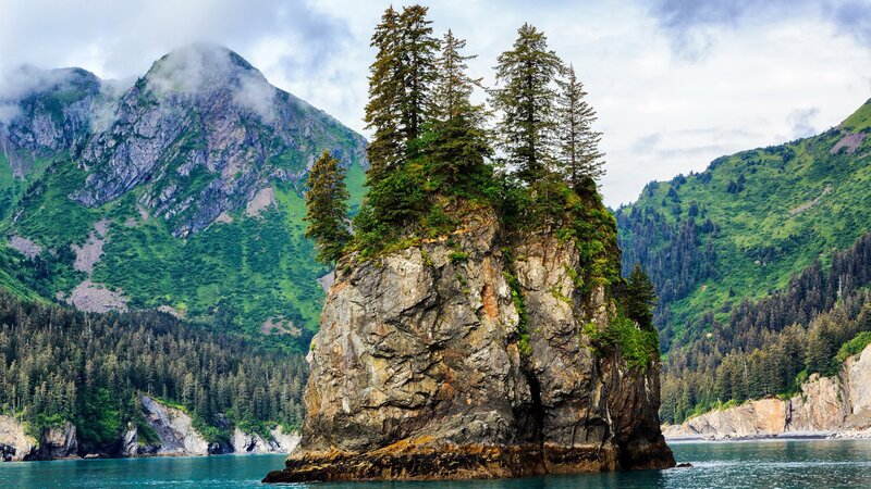 Rocky Island with Trees — Green, Serene, Afternoon