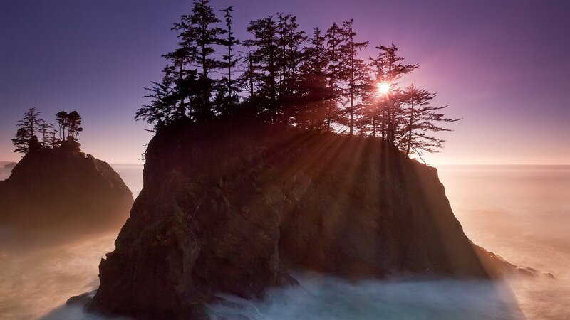 Rocky Island with Trees — Purple, Dramatic, Sunset