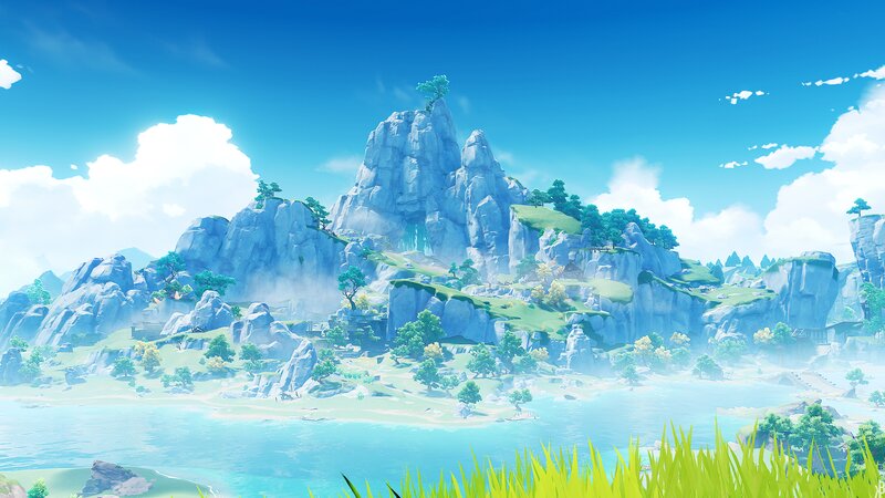 Rocky Island with Waterfall — Blue
