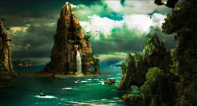 Rocky Island with Waterfall
