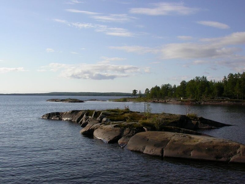 Rocky islands in a calm lake