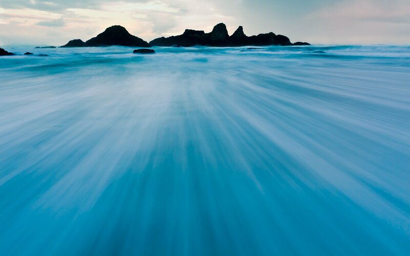 Rocky Islands in Ocean — Blue, Serene, Sunset