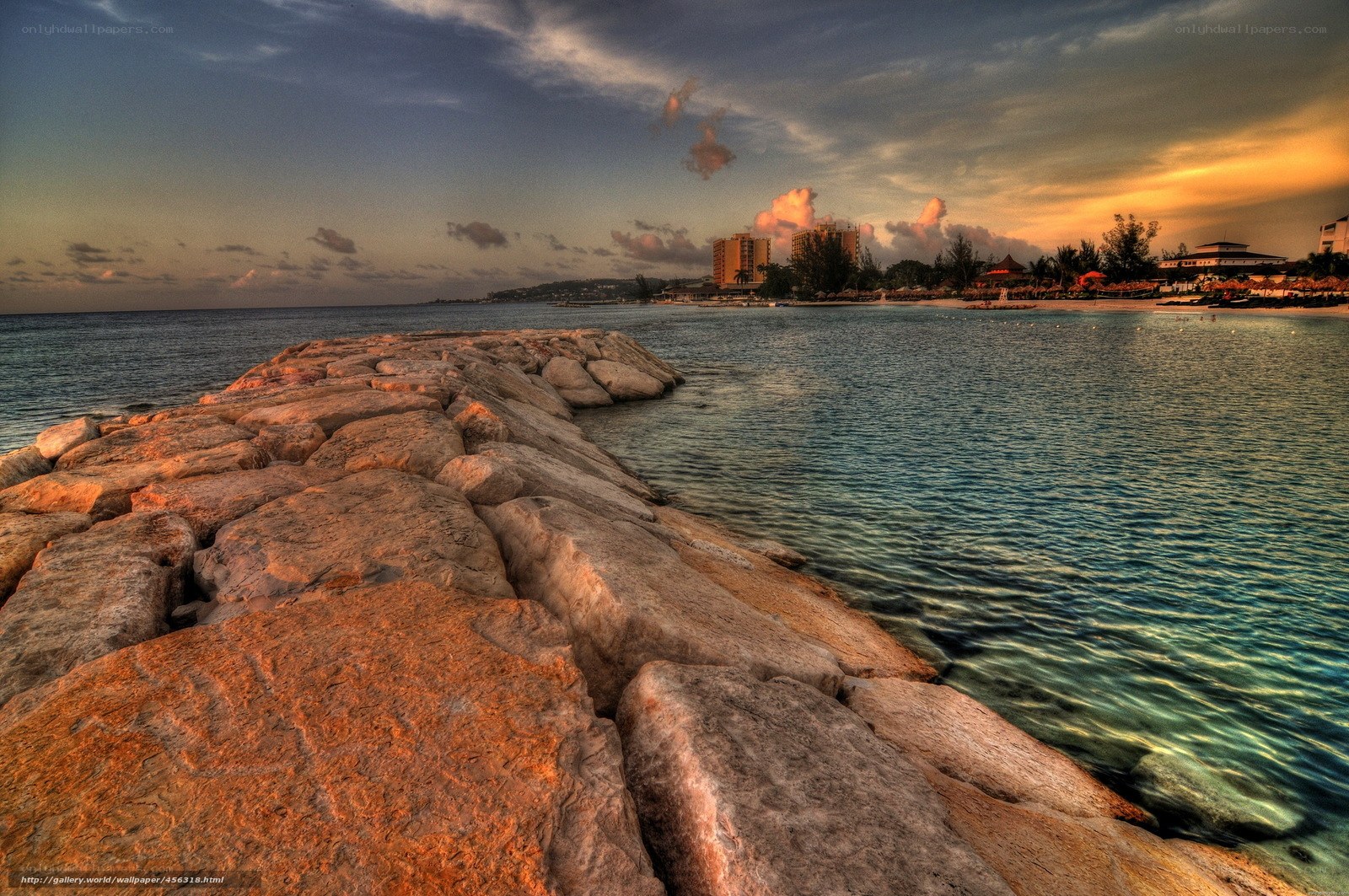 Rocky jetty at sunset