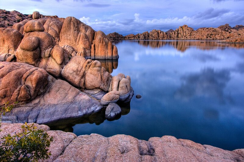 Rocky Lake Shore — Blue, Serene, Sunset
