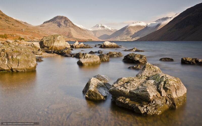 Rocky Lake with Mountains — Blue, Serene