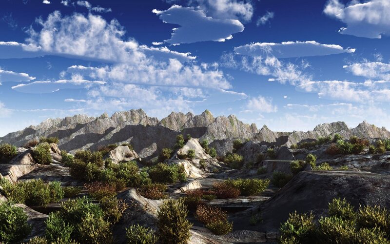Rocky Mountain Landscape — Blue, Serene, Afternoon, Digital Art, Mountains, Clouds, Bushes