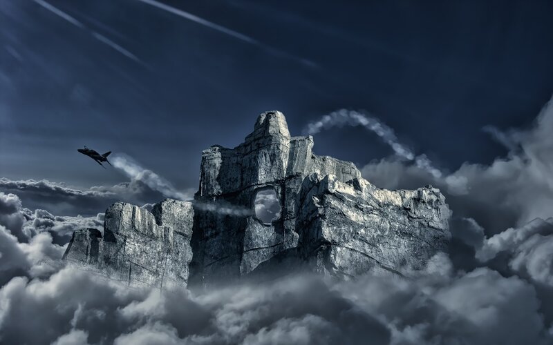 Rocky Mountain Peak — Gray, Dramatic, Night, Digital Art