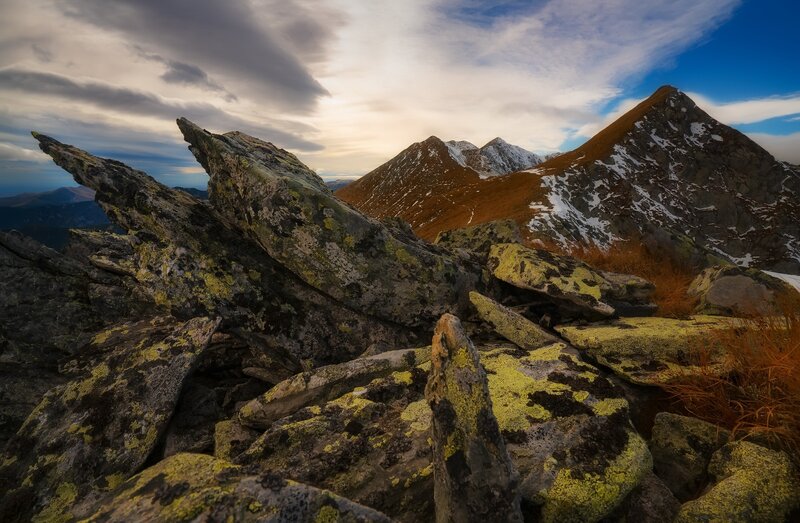Rocky Mountain Peaks — Brown, Dramatic, Sunset, Photograph