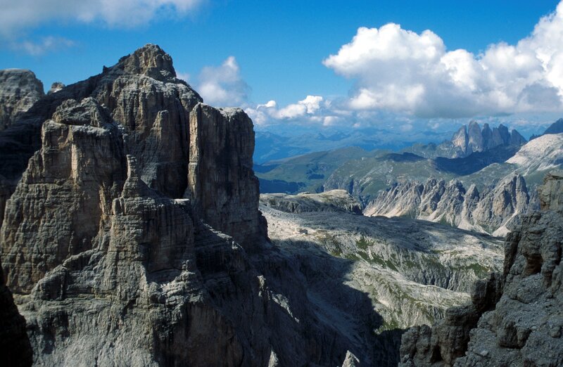 Rocky mountain peaks under blue sky