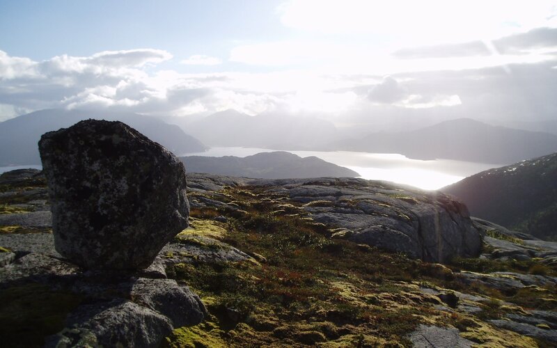 Rocky mountain vista with fjord