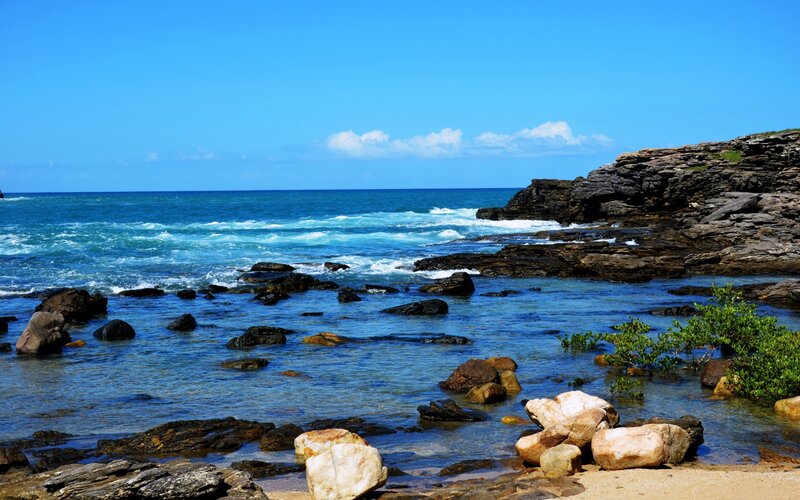 Rocky Ocean Shoreline — Blue, Serene