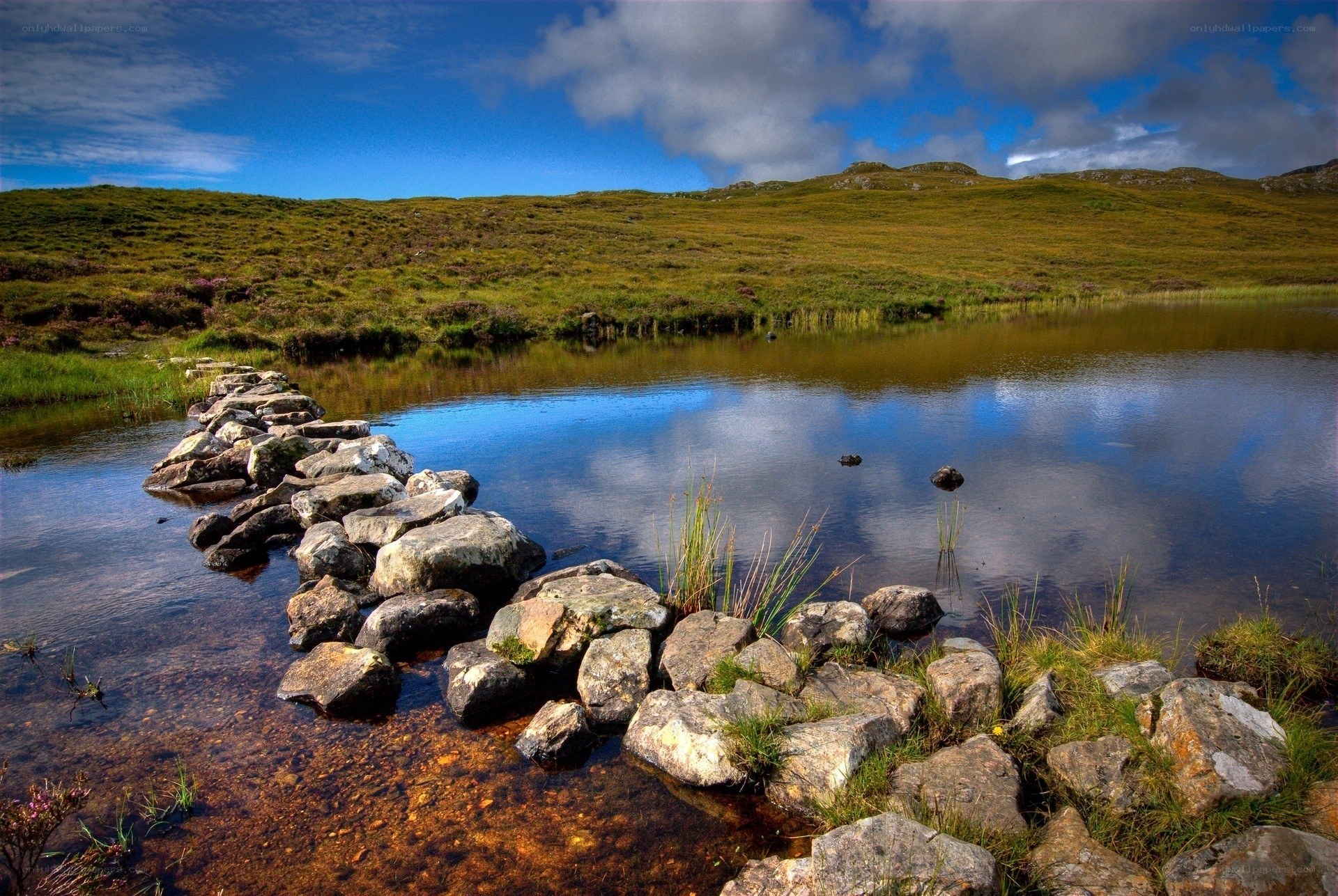 Rocky path across a serene loch