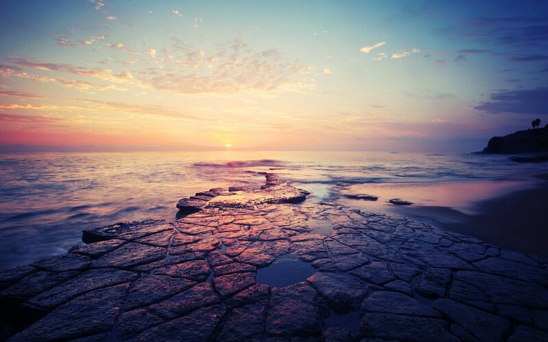Rocky Path at Sunset — Purple, Serene, Photograph, Ocean