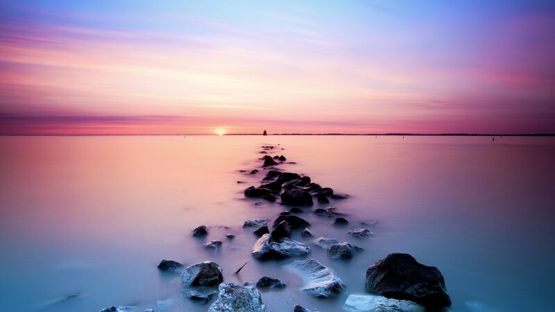 Rocky Path at Sunset — Purple, Serene, Photograph