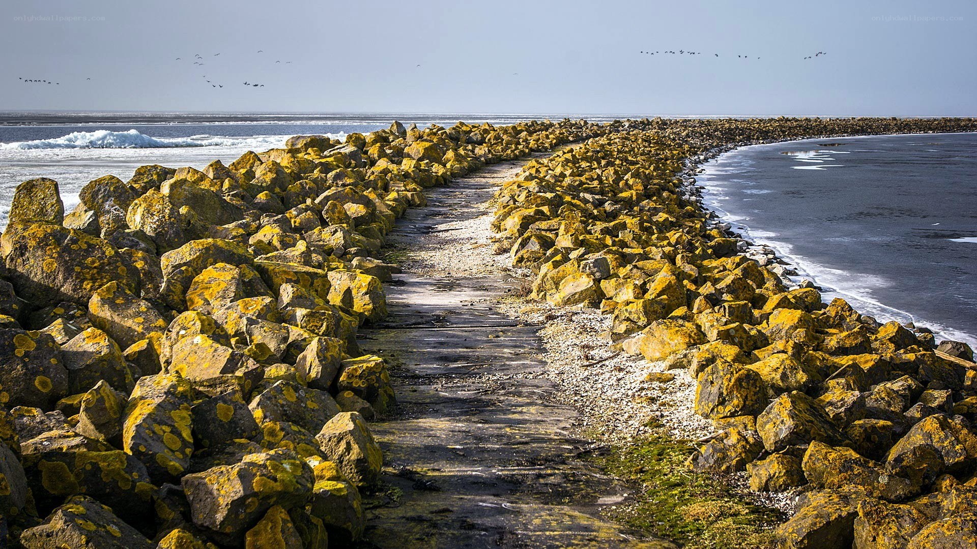 Rocky path on a coastal breakwater