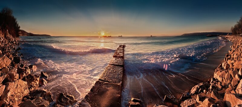 Rocky Pier at Sunset — Blue, Serene