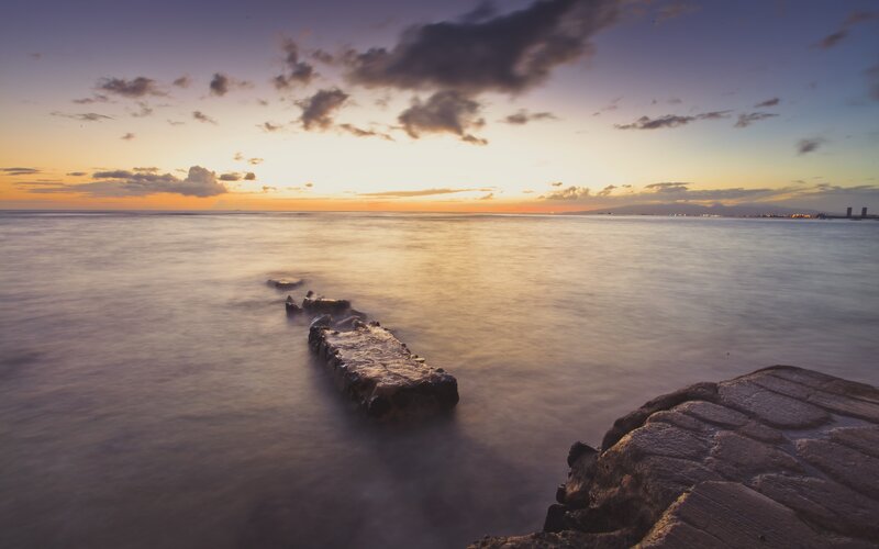Rocky Pier at Sunset — Purple