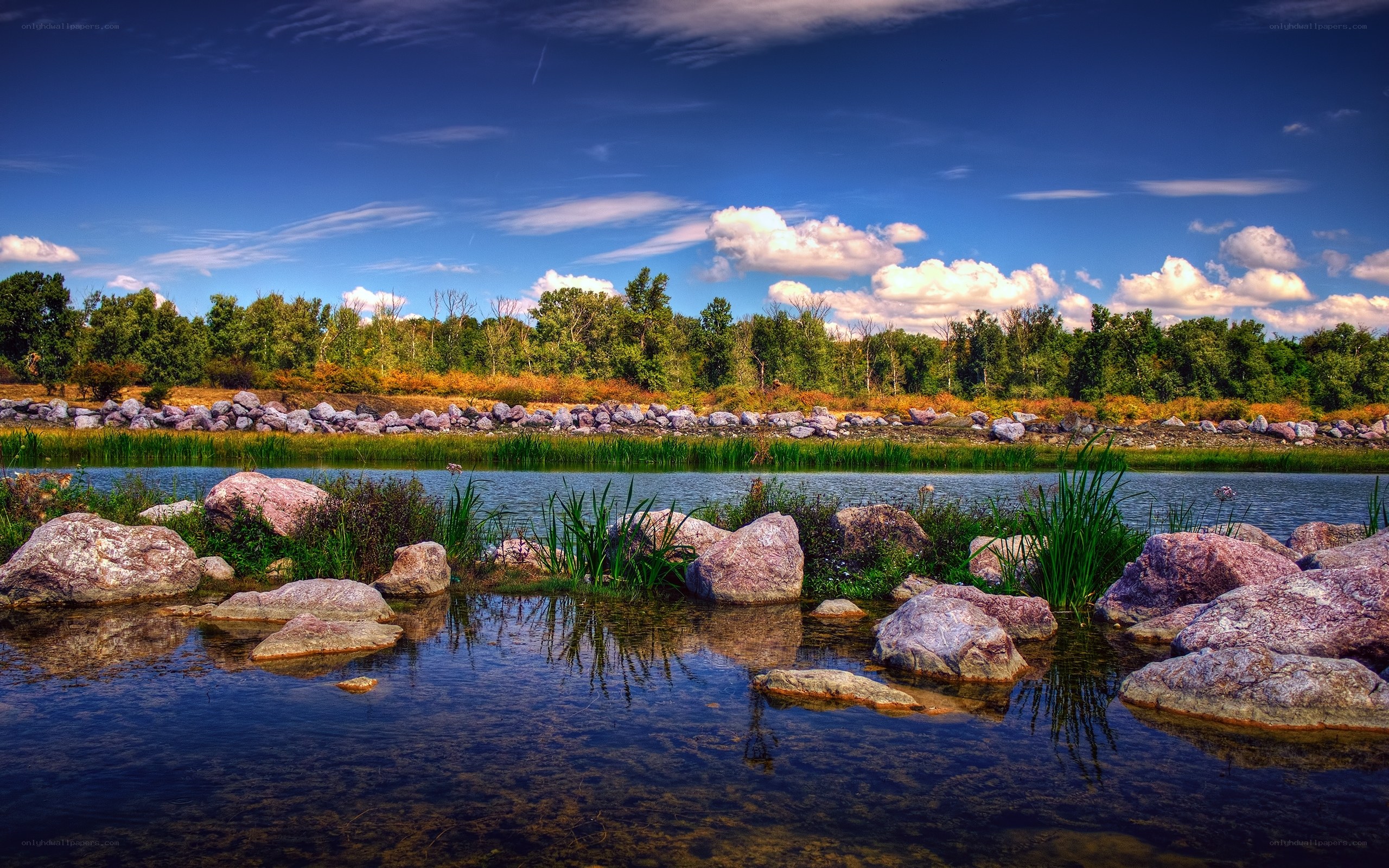 Rocky pond under blue sky