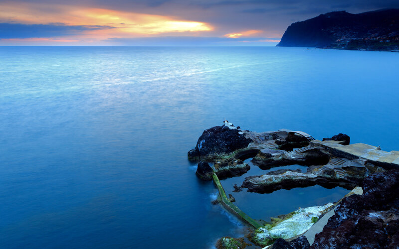 Rocky Pool at Sunset — Blue, Serene, Photograph, Ocean, Cliff, Sky, Orange