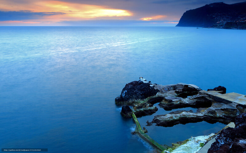 Rocky Pool at Sunset — Blue, Serene, Photograph, Ocean, Cliff