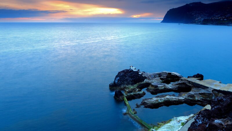 Rocky Pool at Sunset — Blue, Serene, Photograph