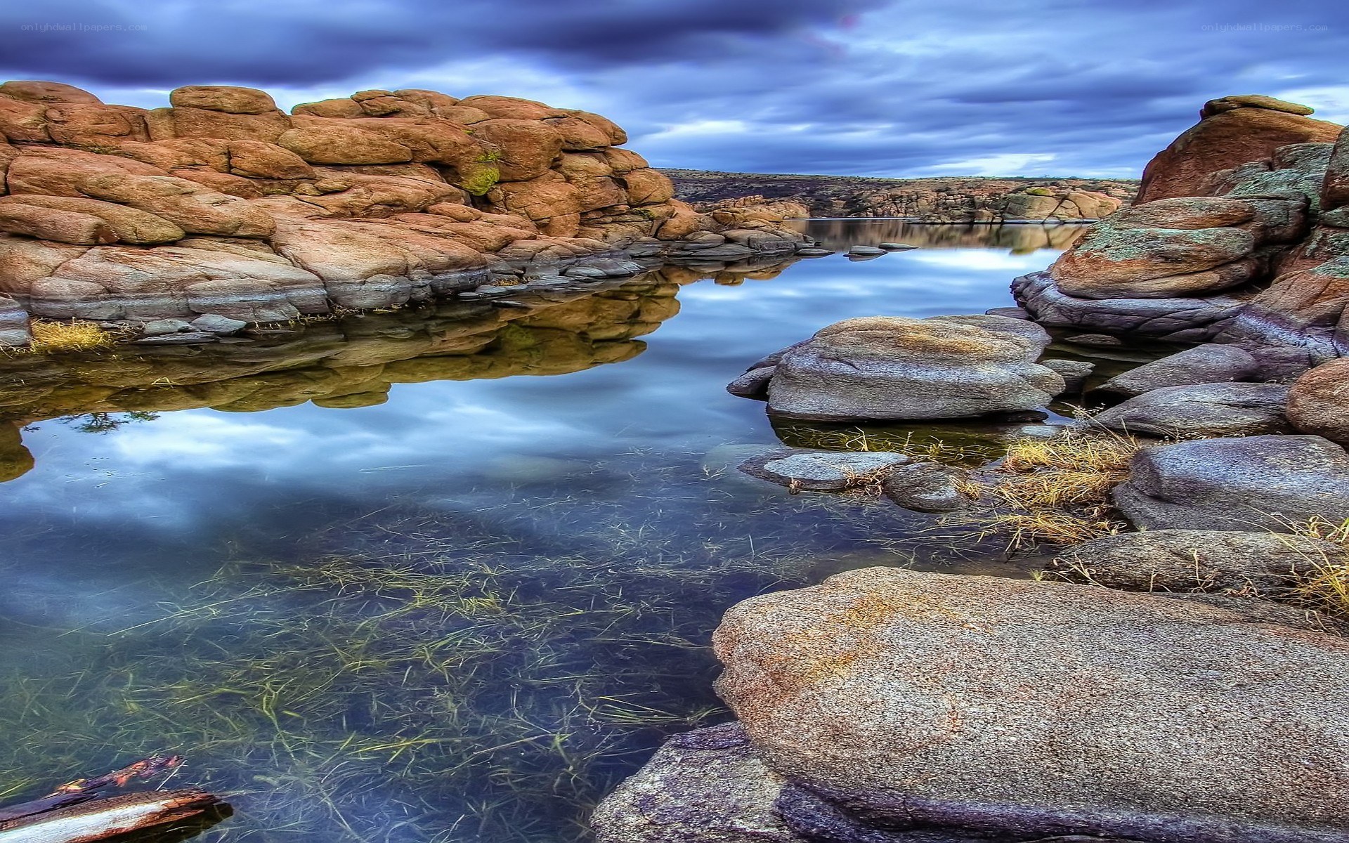 Rocky river landscape at dusk