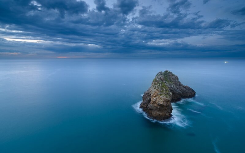 Rocky Sea Stack — Blue, Dramatic, Night