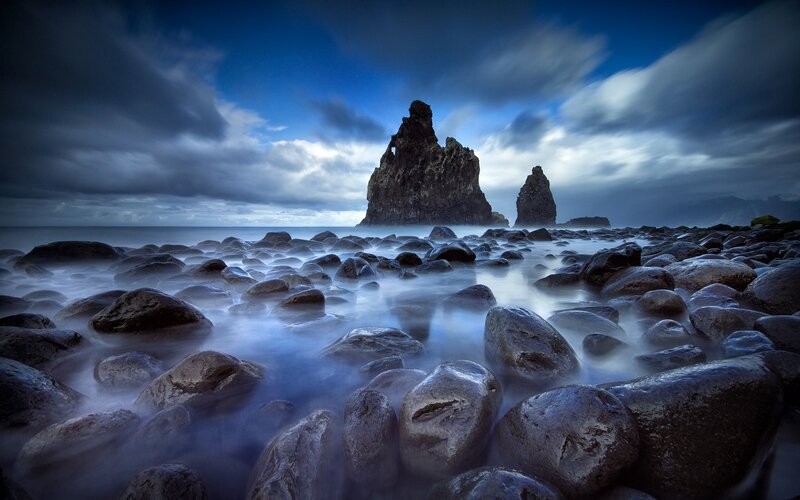 Rocky Sea Stacks — Blue, Dramatic, Night