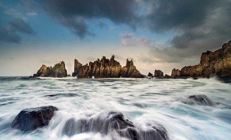 Rocky Sea Stacks — Blue, Dramatic, Sunset