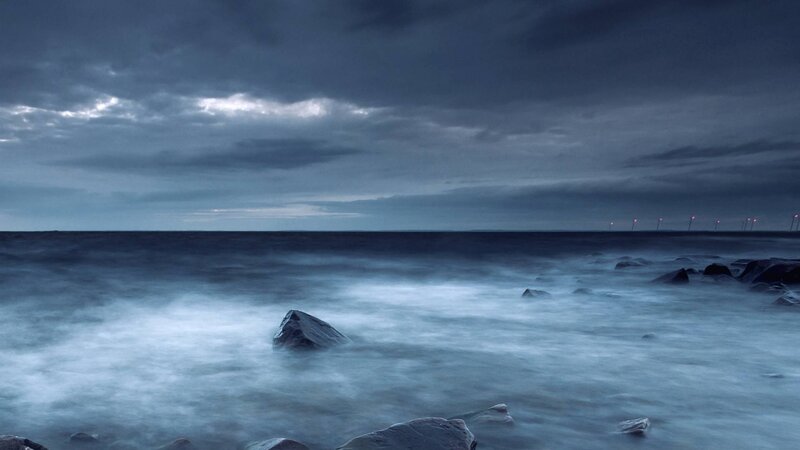 Rocky Shore at Dusk — Blue, Dramatic, Night, Photograph
