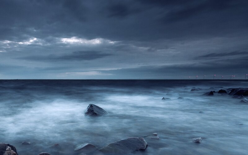Rocky Shore at Dusk — Blue, Dramatic, Night