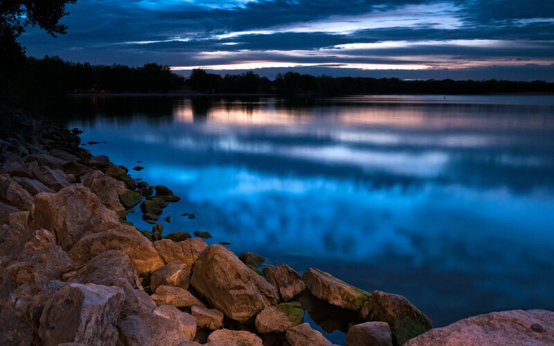 Rocky Shore at Dusk — Blue, Serene, Night