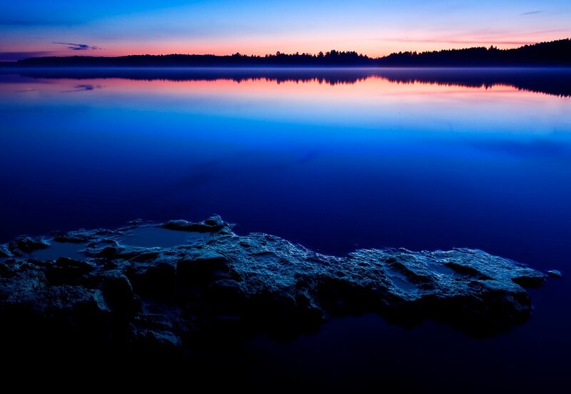 Rocky Shore at Dusk — Blue, Serene, Sunset, Photograph, Lake, Sky