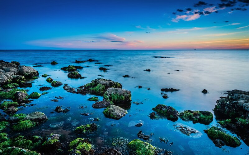 Rocky Shore at Dusk — Blue, Serene, Sunset, Photograph, Rocks