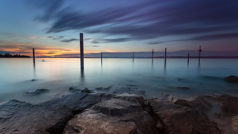 Rocky Shore at Dusk — Blue, Serene, Sunset