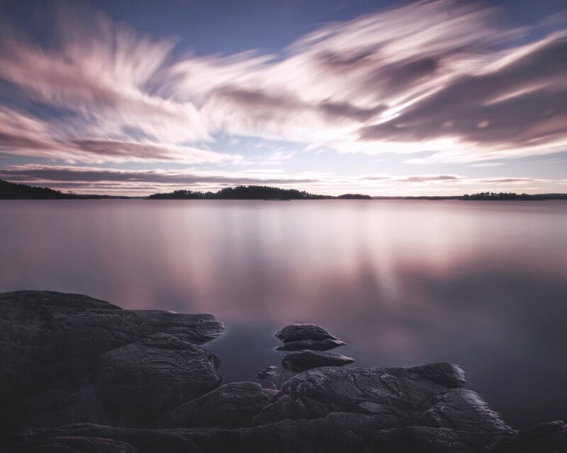 Rocky Shore at Dusk — Purple, Serene, Photograph
