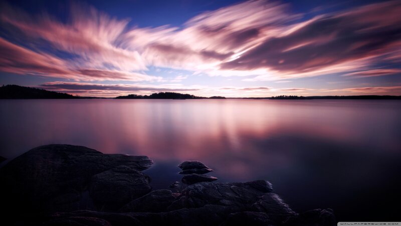 Rocky Shore at Dusk — Purple, Serene, Sunset, Photograph
