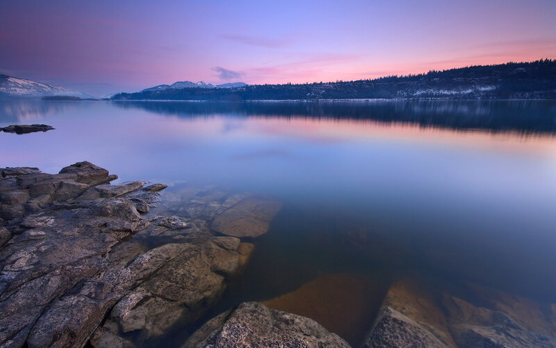 Rocky Shore at Dusk — Purple, Serene, Sunset