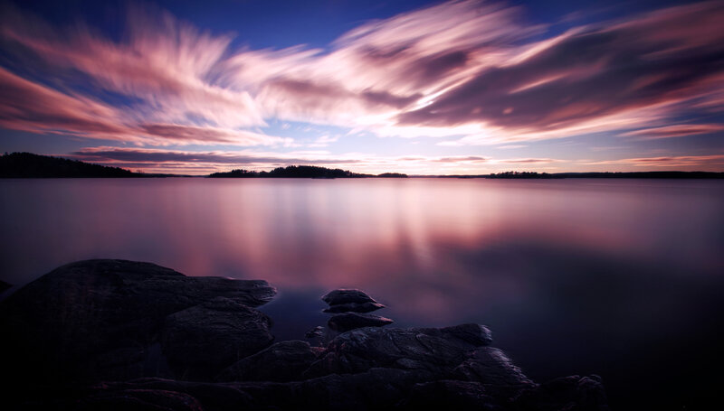 Rocky Shore at Dusk — Purple, Serene