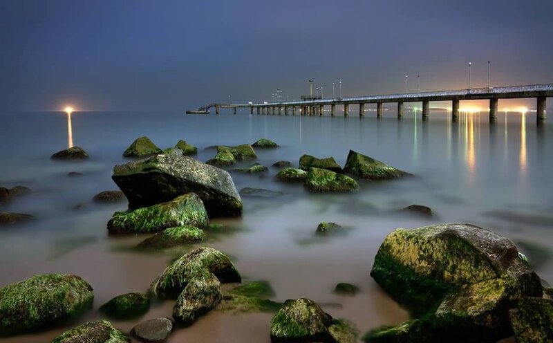 Rocky Shore at Night — Blue, Serene