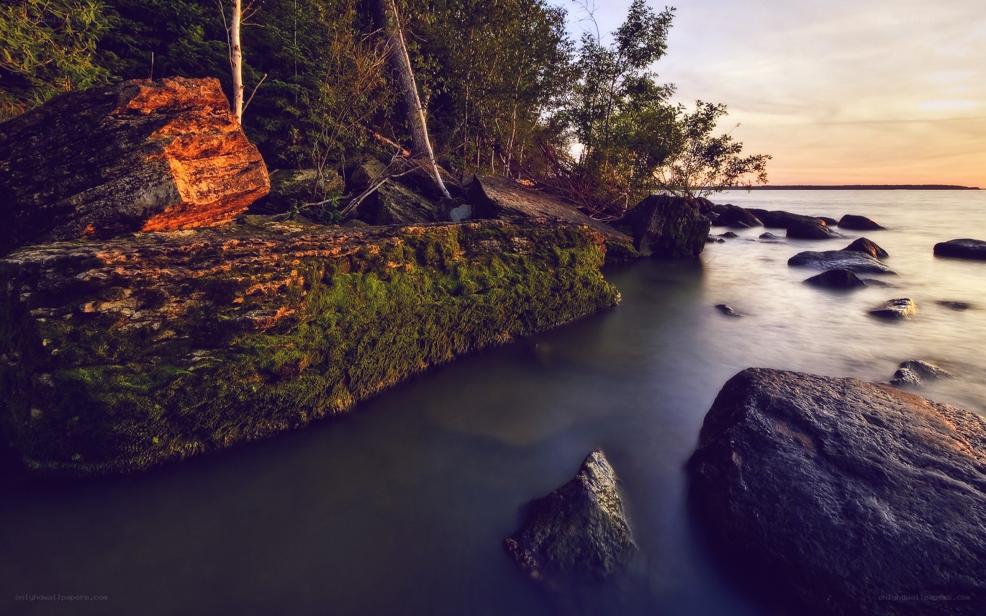 Rocky shore at sunset