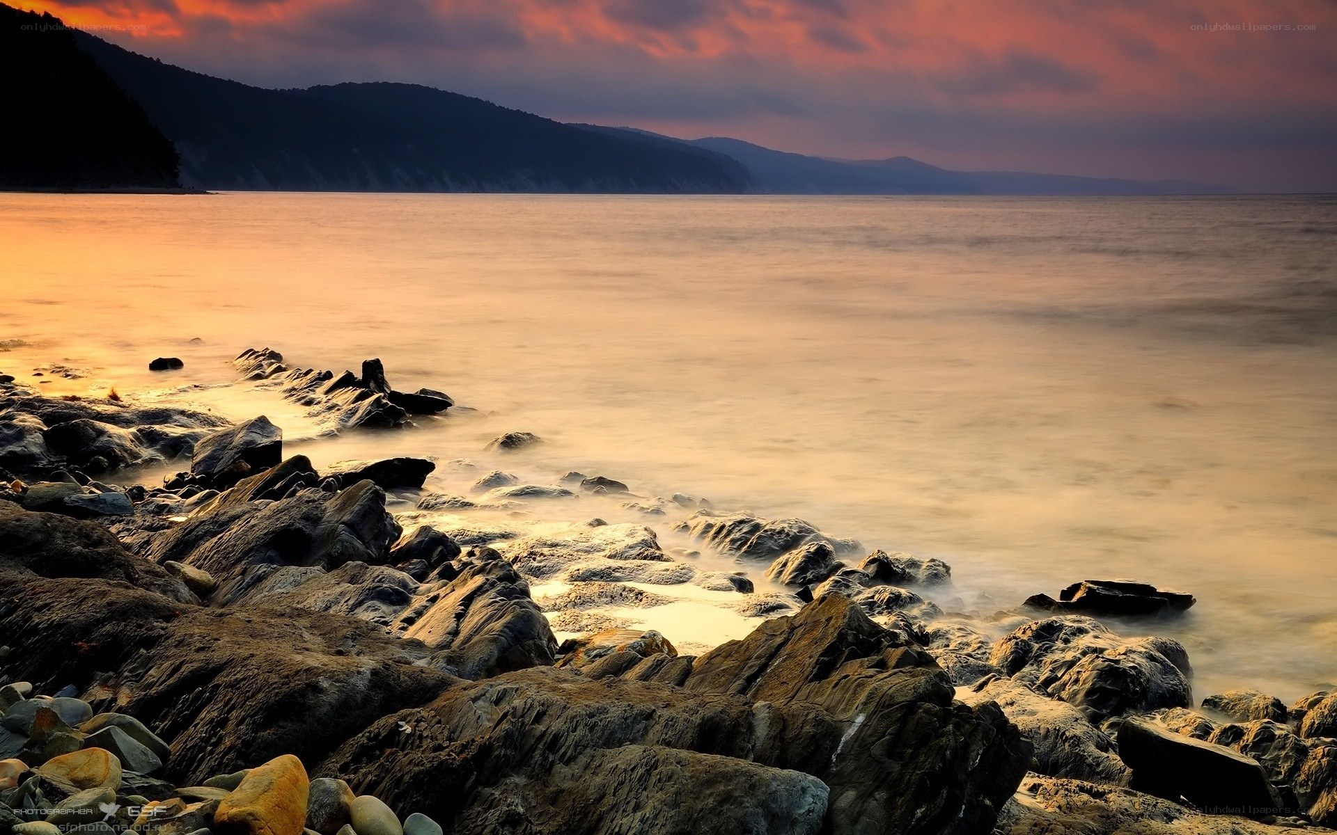 Rocky shore at sunset
