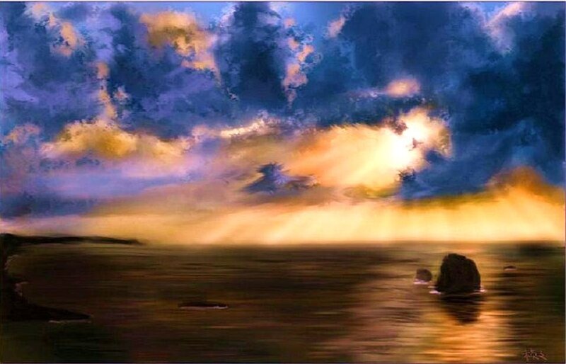 Rocky Shore at Sunset — Blue, Dramatic, Painting
