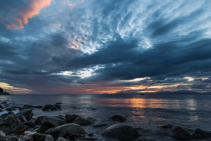 Rocky Shore at Sunset — Blue, Dramatic, Photograph, Clouds