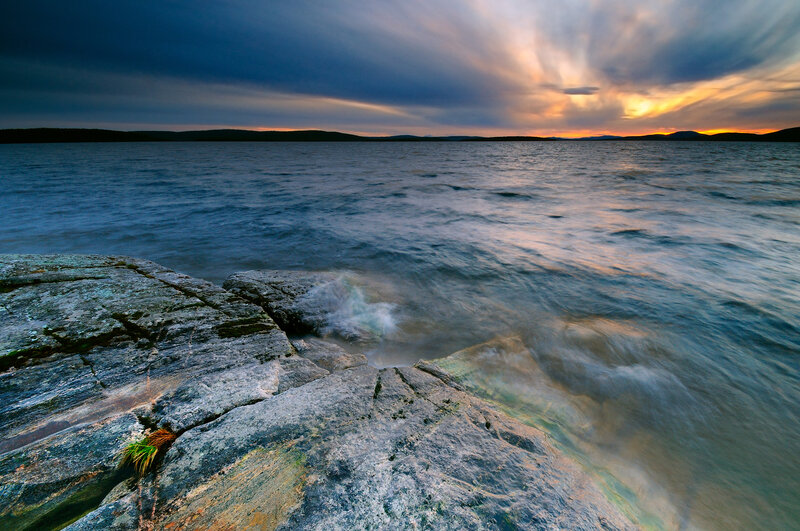 Rocky Shore at Sunset — Blue, Dramatic, Photograph, Lake