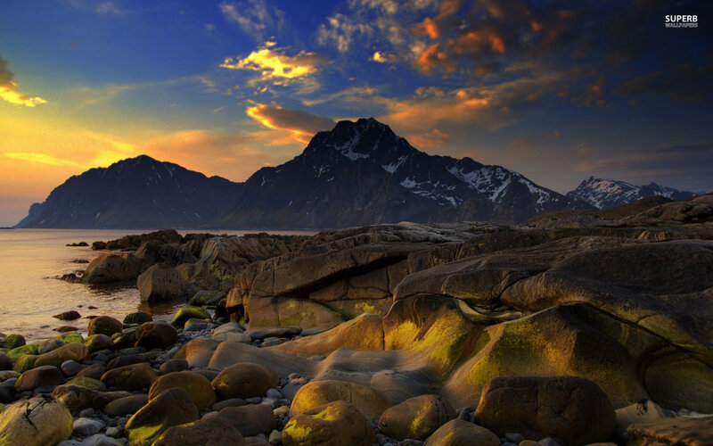 Rocky Shore at Sunset — Blue, Dramatic, Photograph, Mountains, Sea, Sky, Rocks